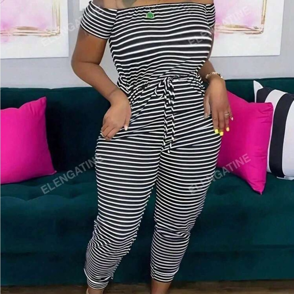 SHEIN Monochrome Striped Off-Shoulder Jumpsuit